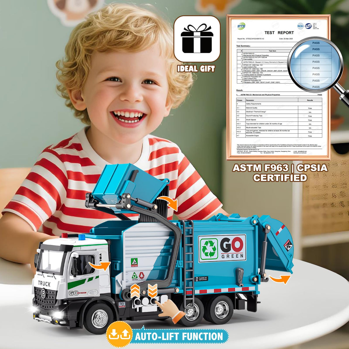 HAPYAD trash truck blue side view shows sturdy ABS body for lasting fun.