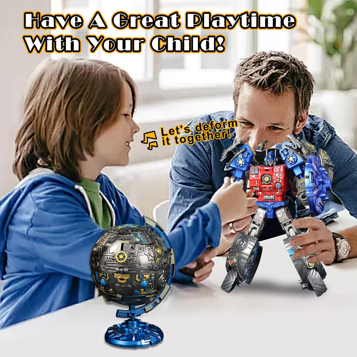 Hapystar 2-in-1 globe to robot figure supports creative play.