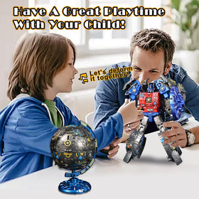 Hapystar 2-in-1 globe to robot figure supports creative play.