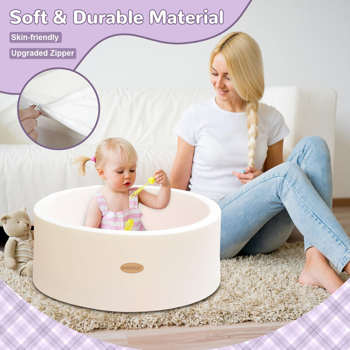 HARBOLLE ball pit 27.6-inch diameter for a roomy toddler area.