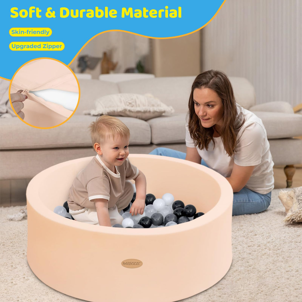 HARBOLLE Ball Pit shows 35.4-inch diameter for roomy kid play.
