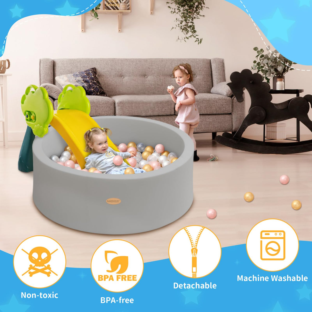 HARBOLLE gray pit with kids playing inside demonstrates safe, cozy play area