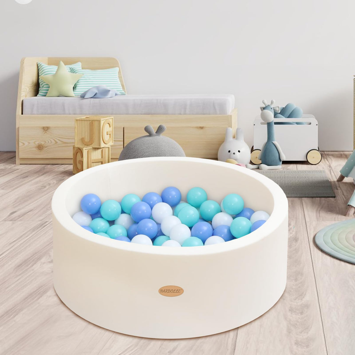 HARBOLLE ball pit creates a cozy play space for babies and toddlers.