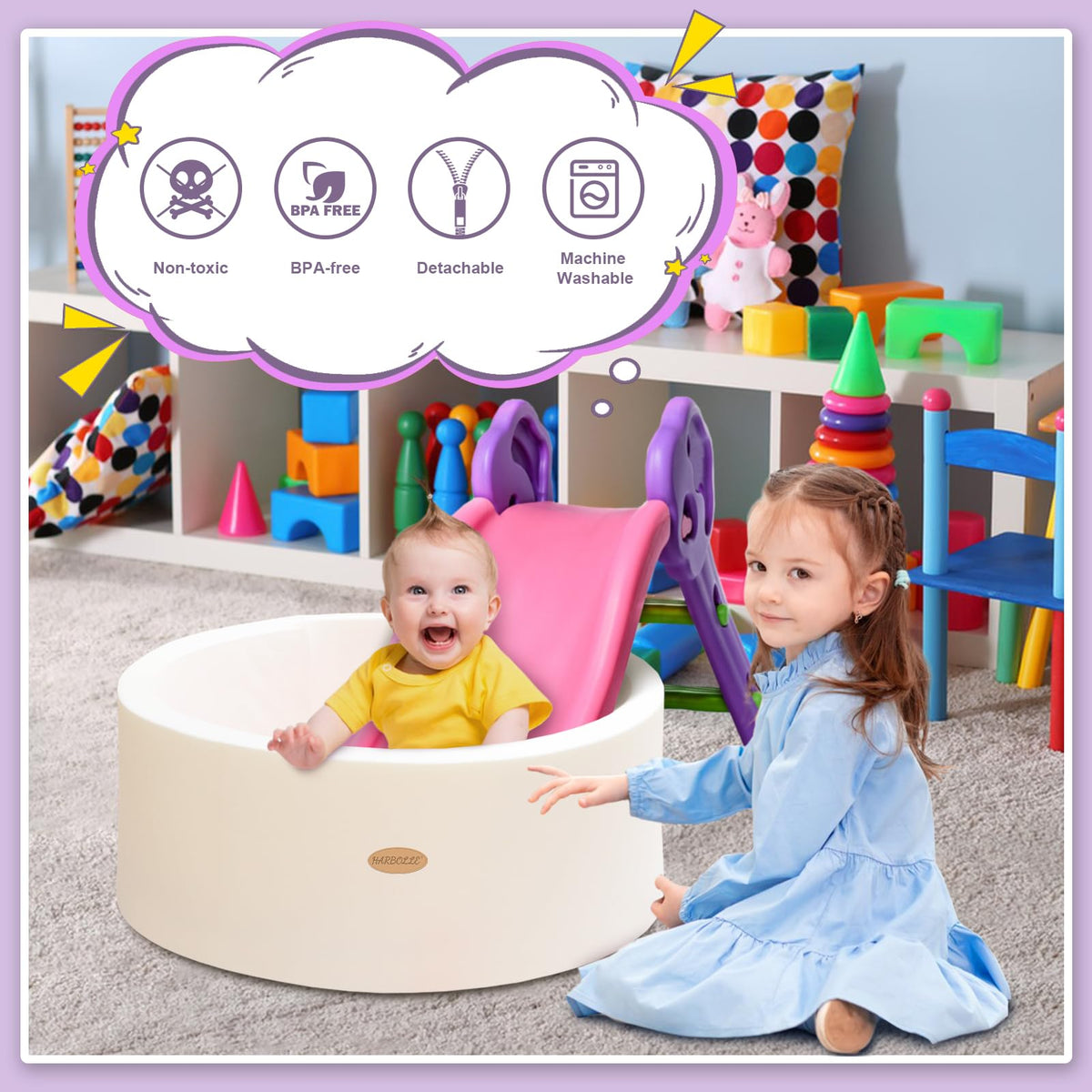 HARBOLLE ball pit two-piece design for quick assembly and storage.