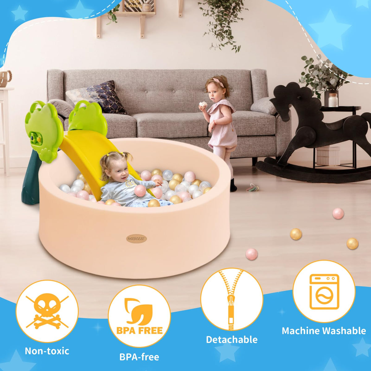 HARBOLLE Ball Pit zip connection enables quick assembly and cleaning.