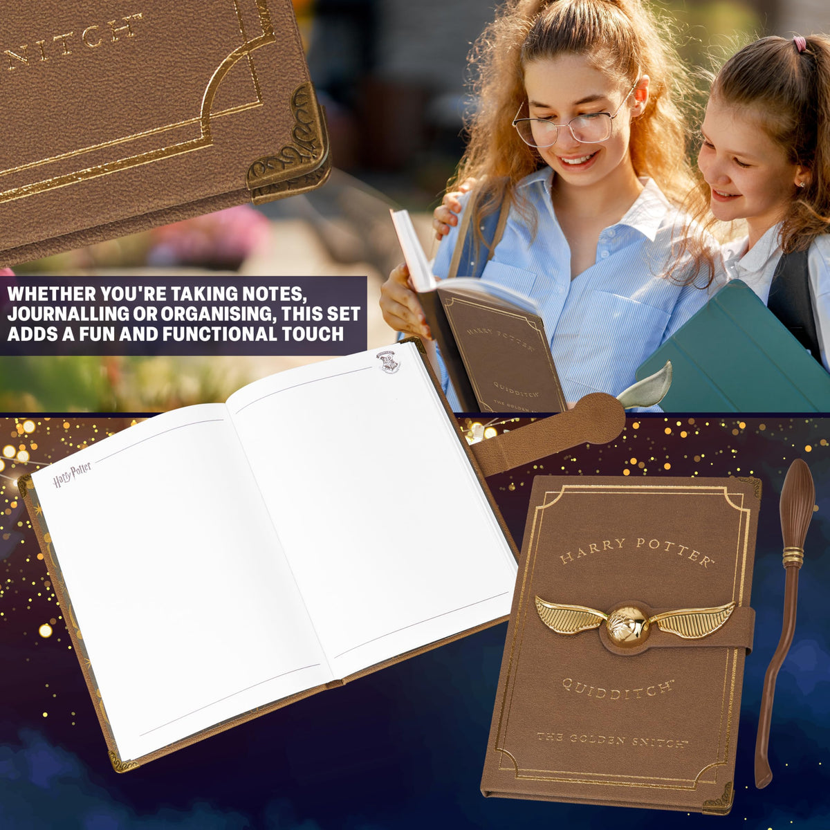 Harry Potter journal with Golden Snitch closure adds secure magical charm.