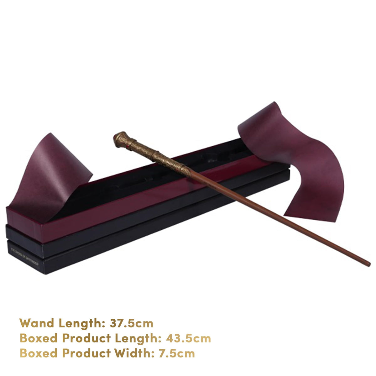 Harry Potter wand as a centerpiece for a collector's shelf or display cabinet.