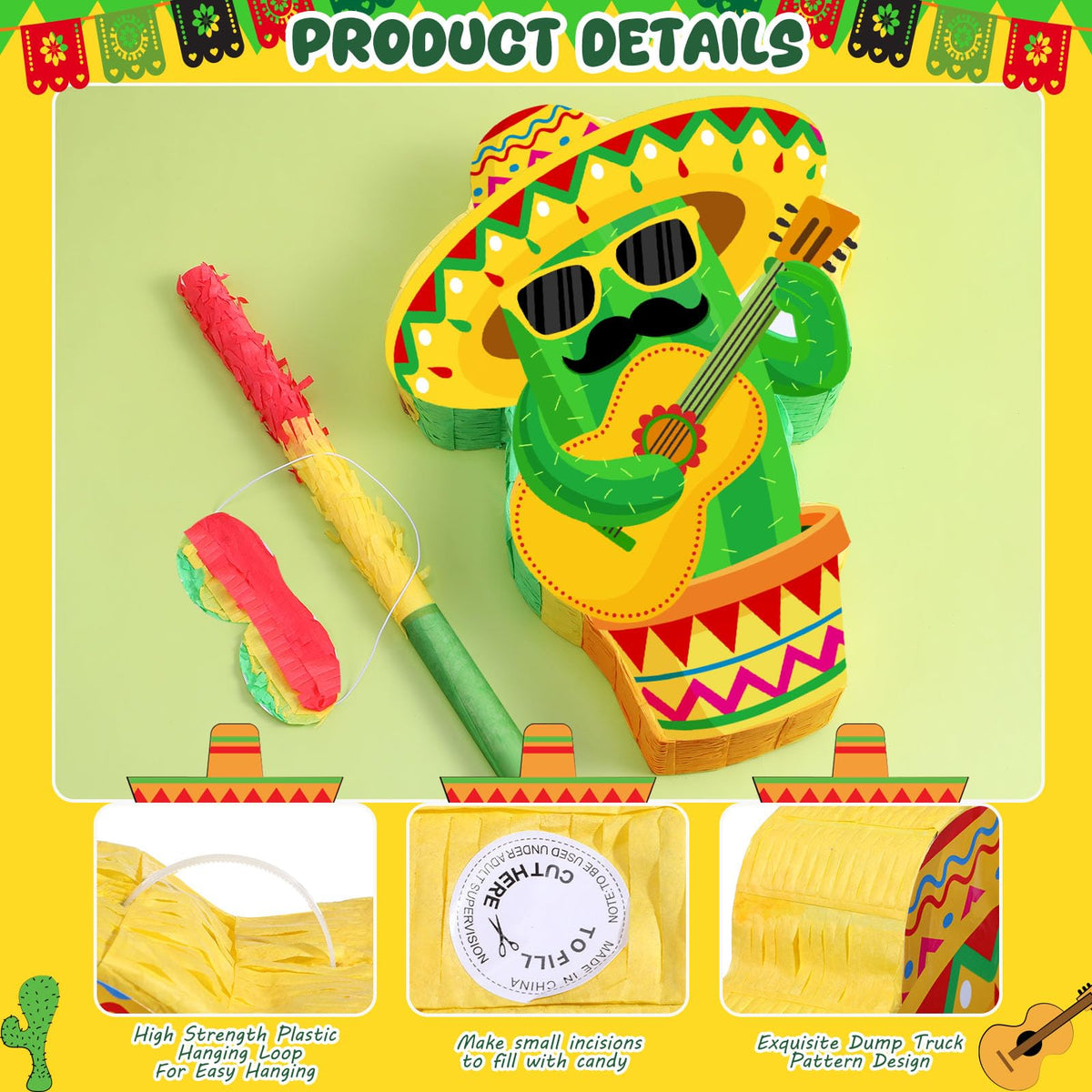Harrycle cactus piñata with sombrero and guitar accents