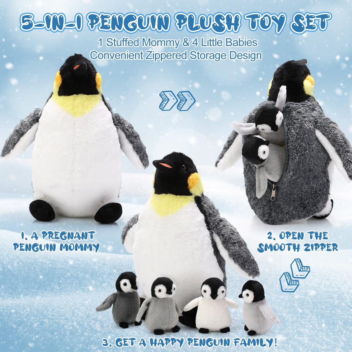 Harrycle penguin plush with zipper belly reveals four baby penguins