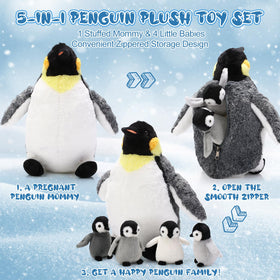Harrycle penguin plush with zipper belly reveals four baby penguins