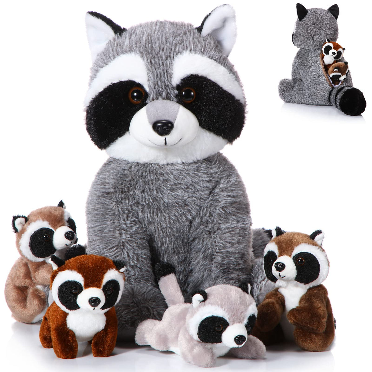 Harrycle mother raccoon plush with babies, soft cuddle toy for play and decor.