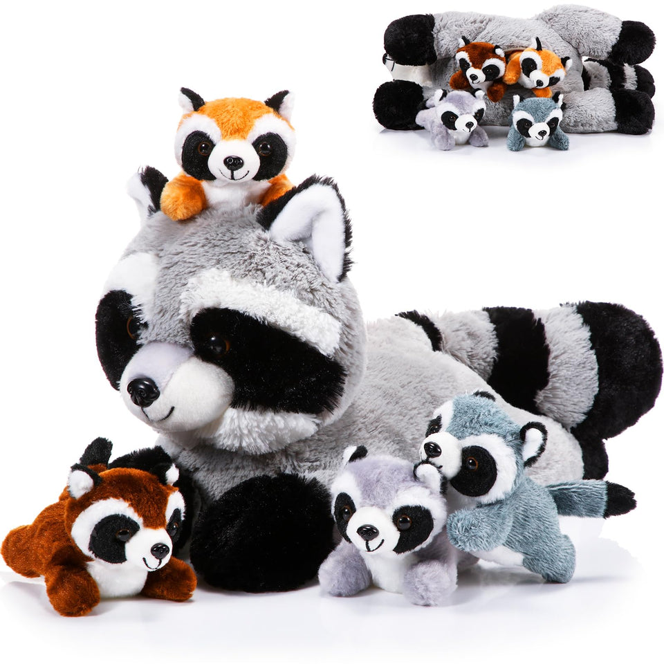 Harrycle mother raccoon plush with four babies for cuddling.