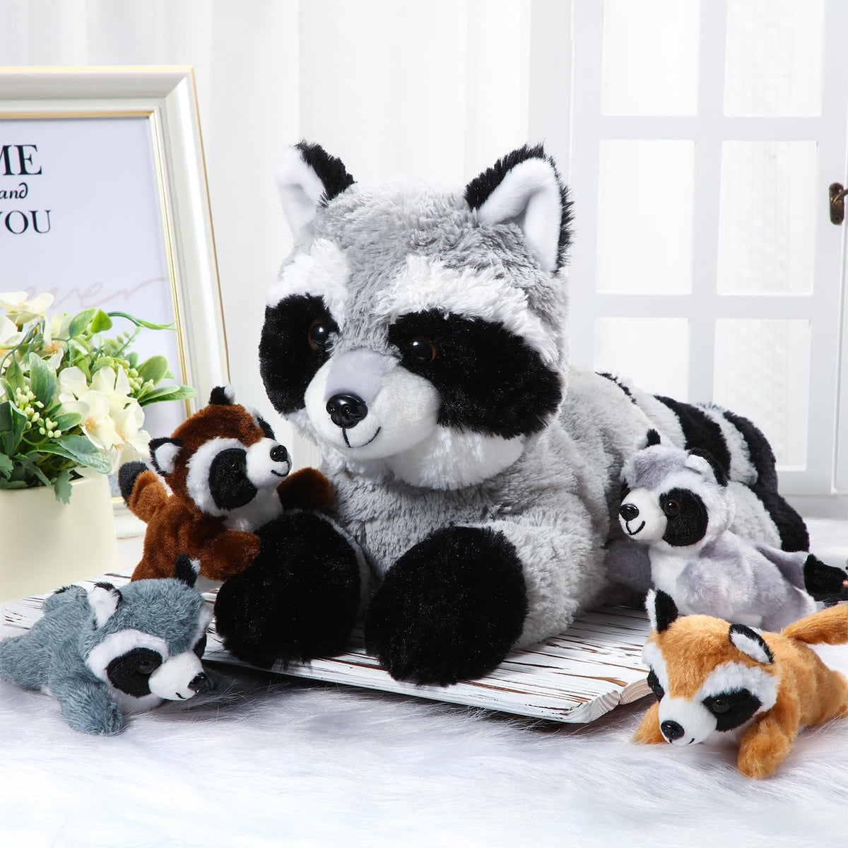Harrycle raccoon plush hugging soft fabric texture.