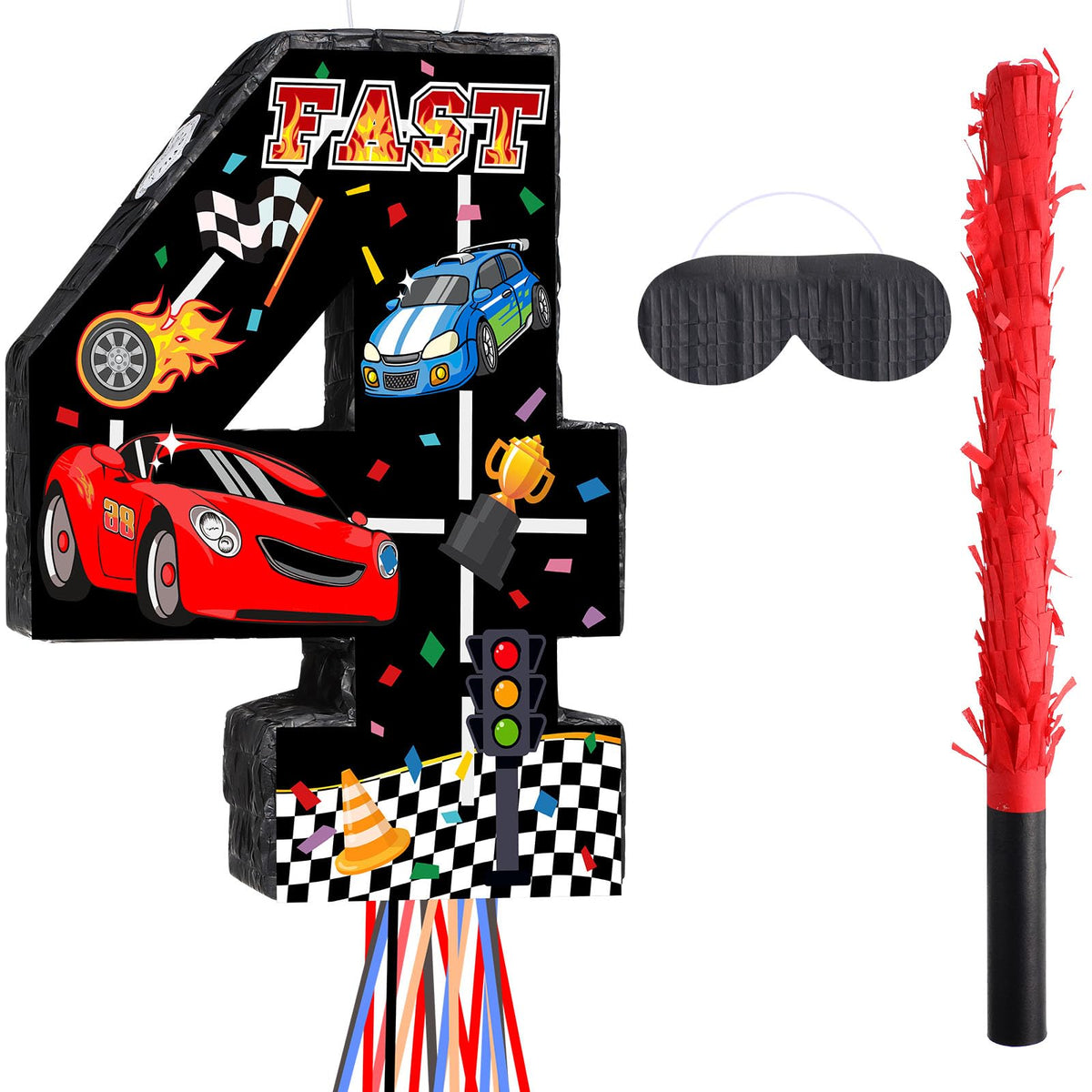 Harrycle race car pinata number four setup highlights bright colors for festive decor.