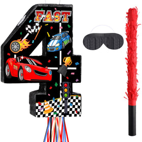 Harrycle race car pinata number four setup highlights bright colors for festive decor.