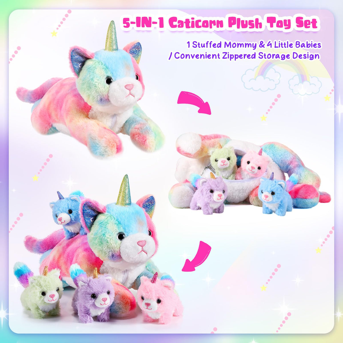 Harrycle Rainbow Caticorn baby kitten lavender plush, ideal for storytelling and comfort.