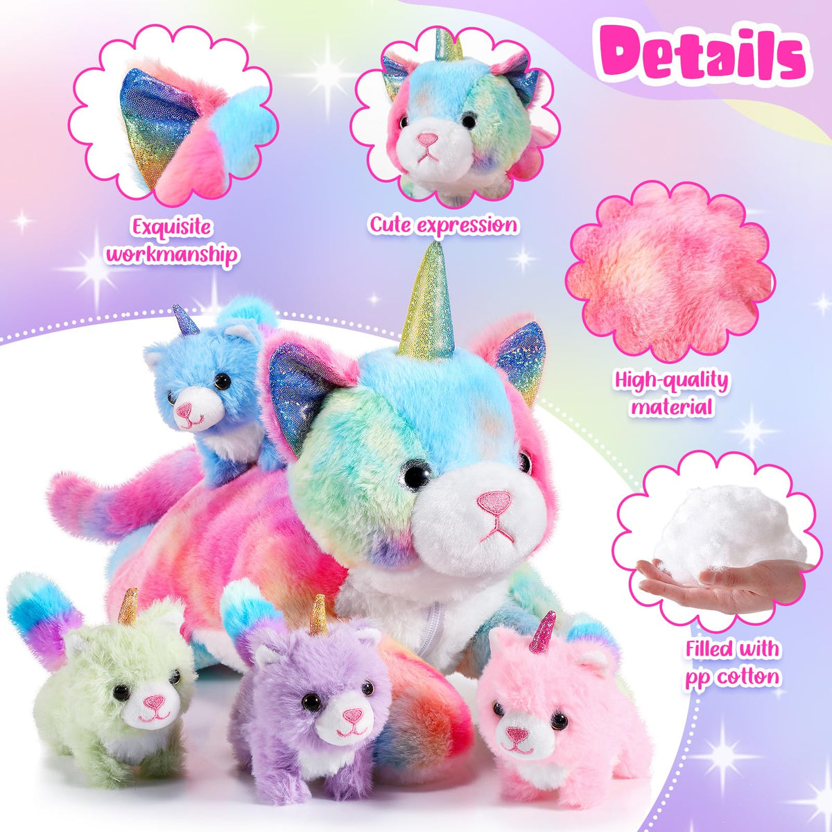 Harrycle Rainbow Caticorn baby kitten pink plush, a soft companion for playtime.