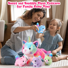 Harrycle Rainbow Caticorn mommy belly zipper closeup, reveals four kittens for interactive play.