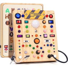 HarVow Busy Board LED switches close-up promoting hands-on exploration and visual curiosity