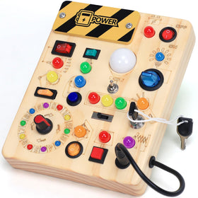 HarVow Busy Board front view with LED switches showcasing colorful lights for toddlers