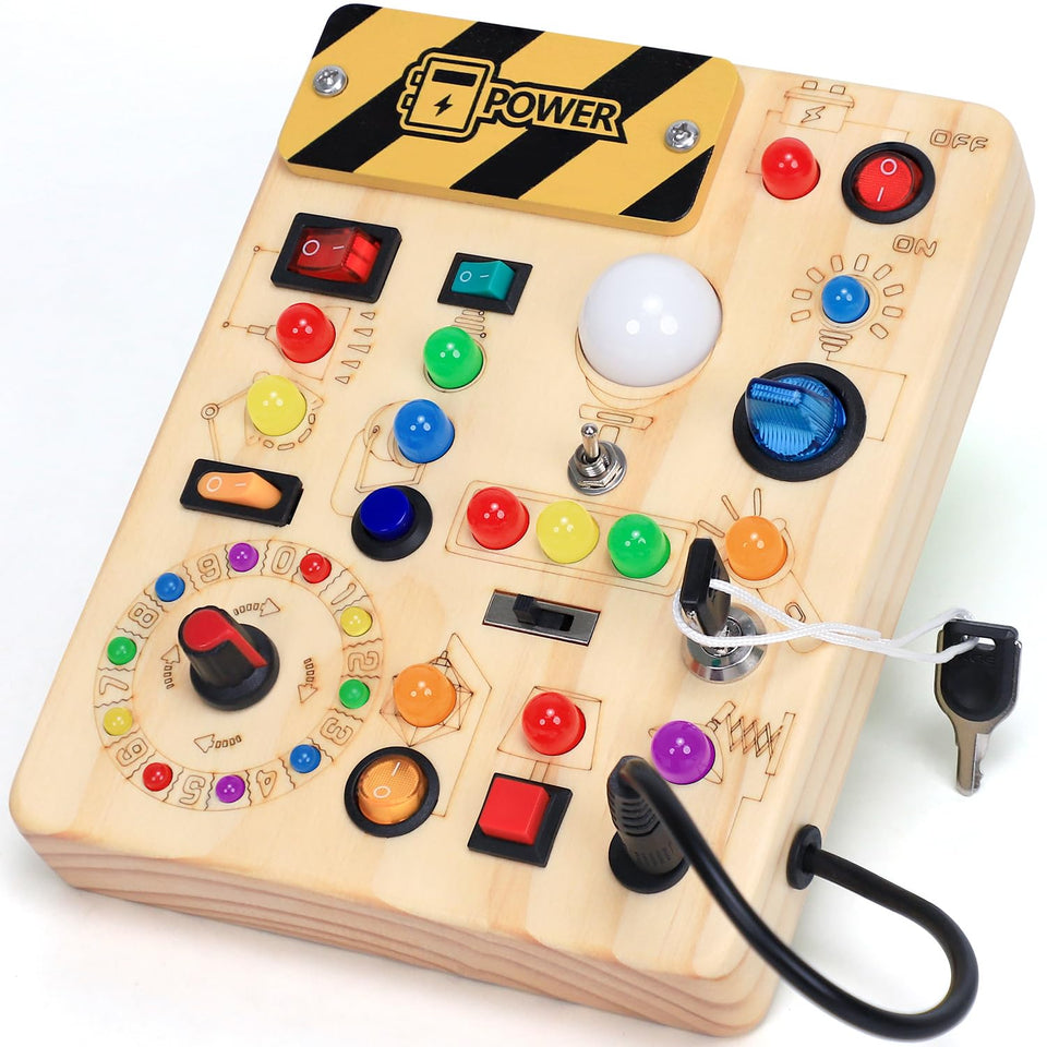 HarVow Busy Board front view with LED switches showcasing colorful lights for toddlers