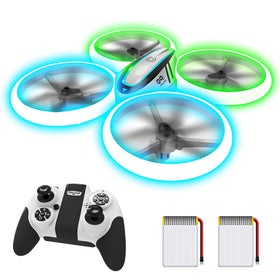 HASAKEE Q9s drone with blue and green LEDs lighting up the sky for vivid flights.