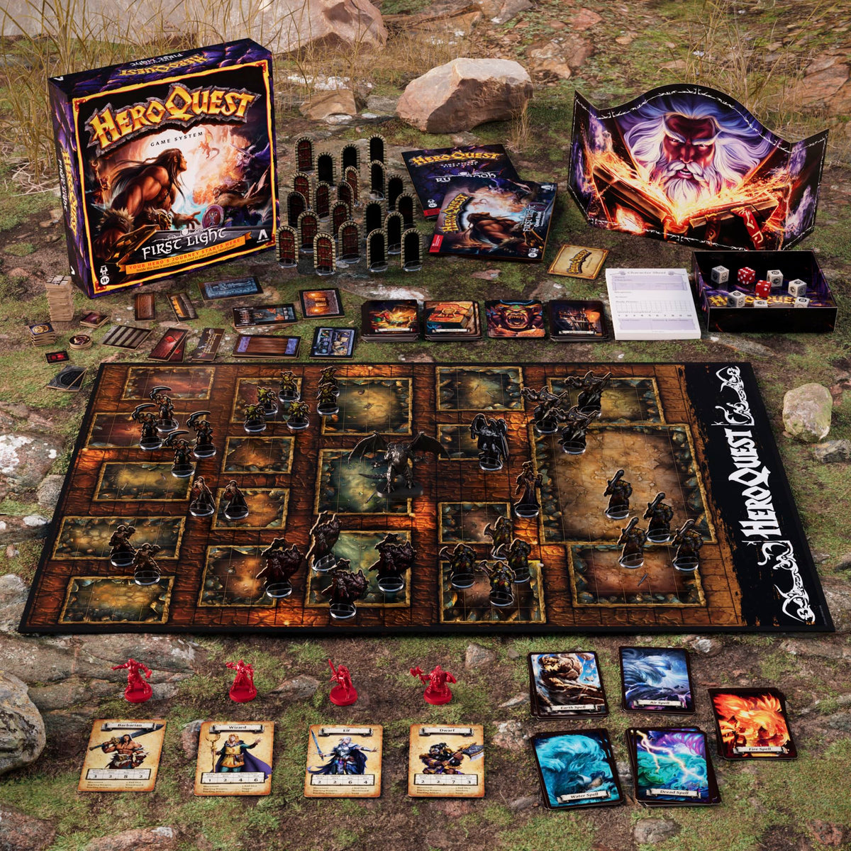 Hasbro HeroQuest First Light game box displaying contents and theme at a glance.