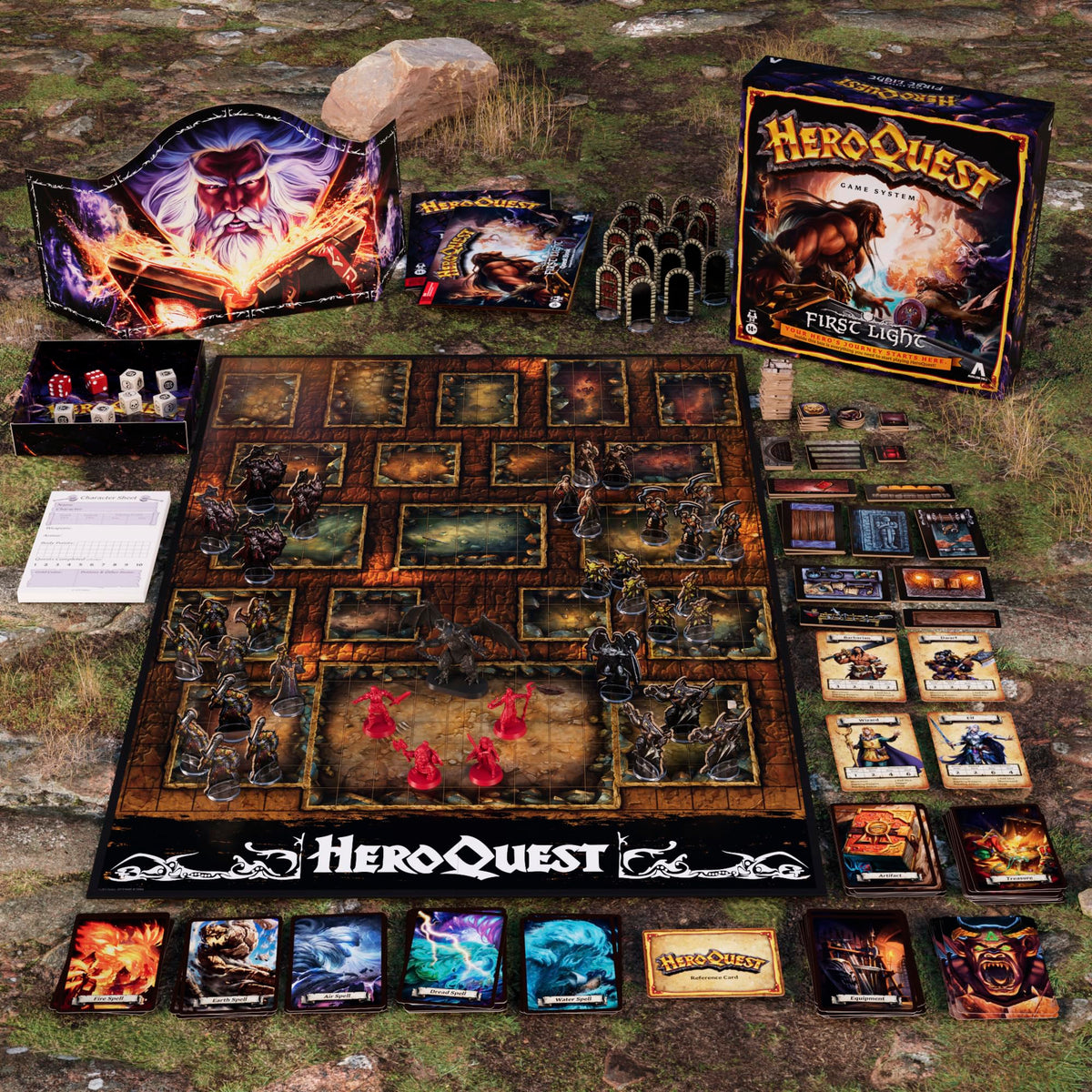 Hasbro HeroQuest First Light standee cards for quick setup and reference during play.