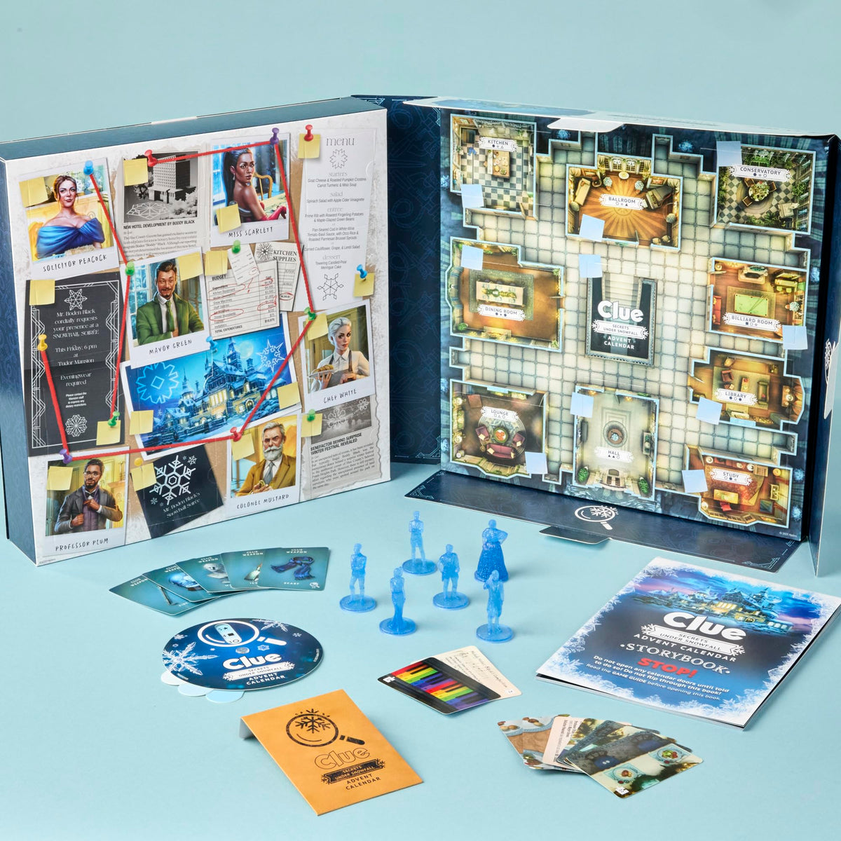 Hasbro Clue Secrets Under Snowfall crime board reveals clues and connections.