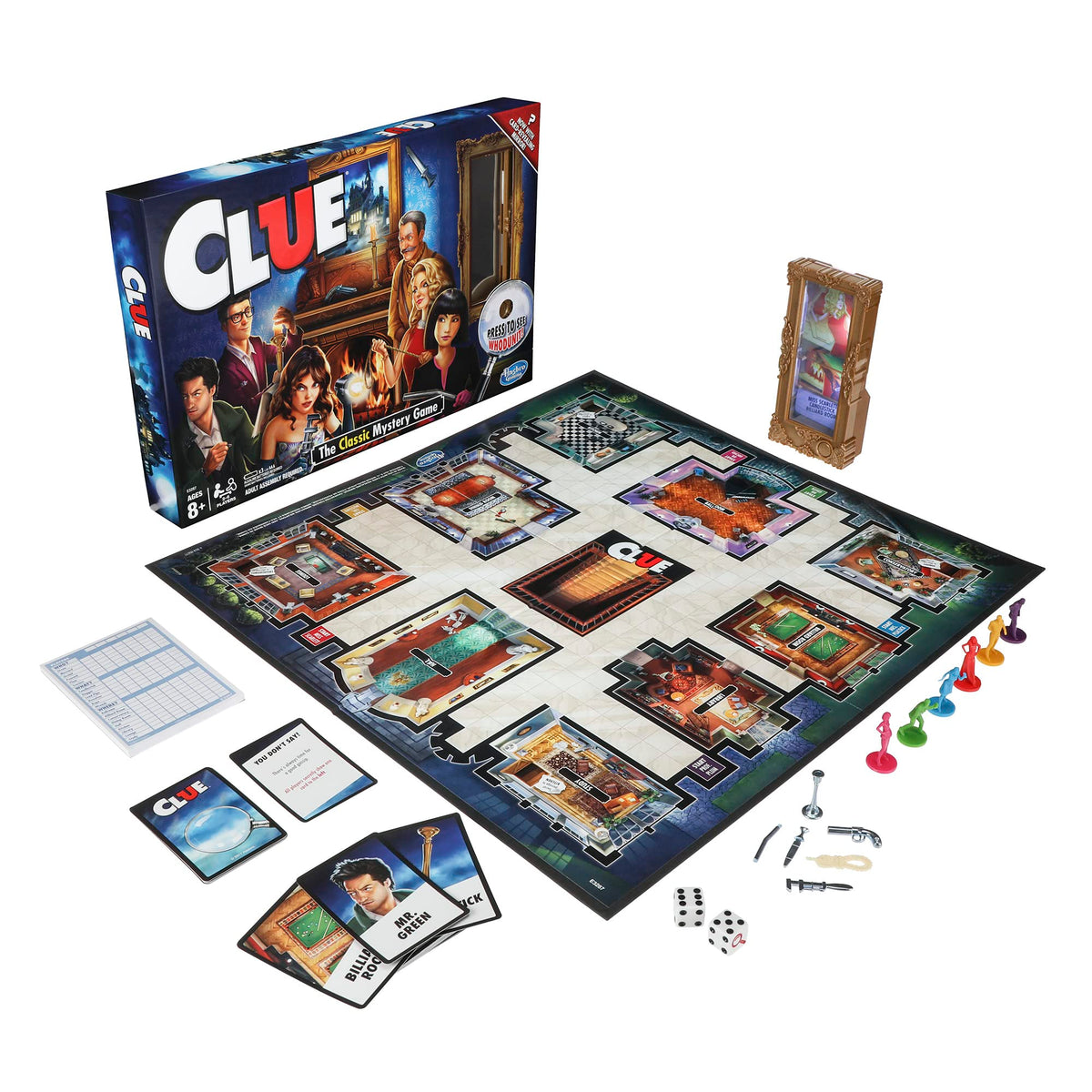 Hasbro Clue weapons and cards for varied murder-mystery scenarios.