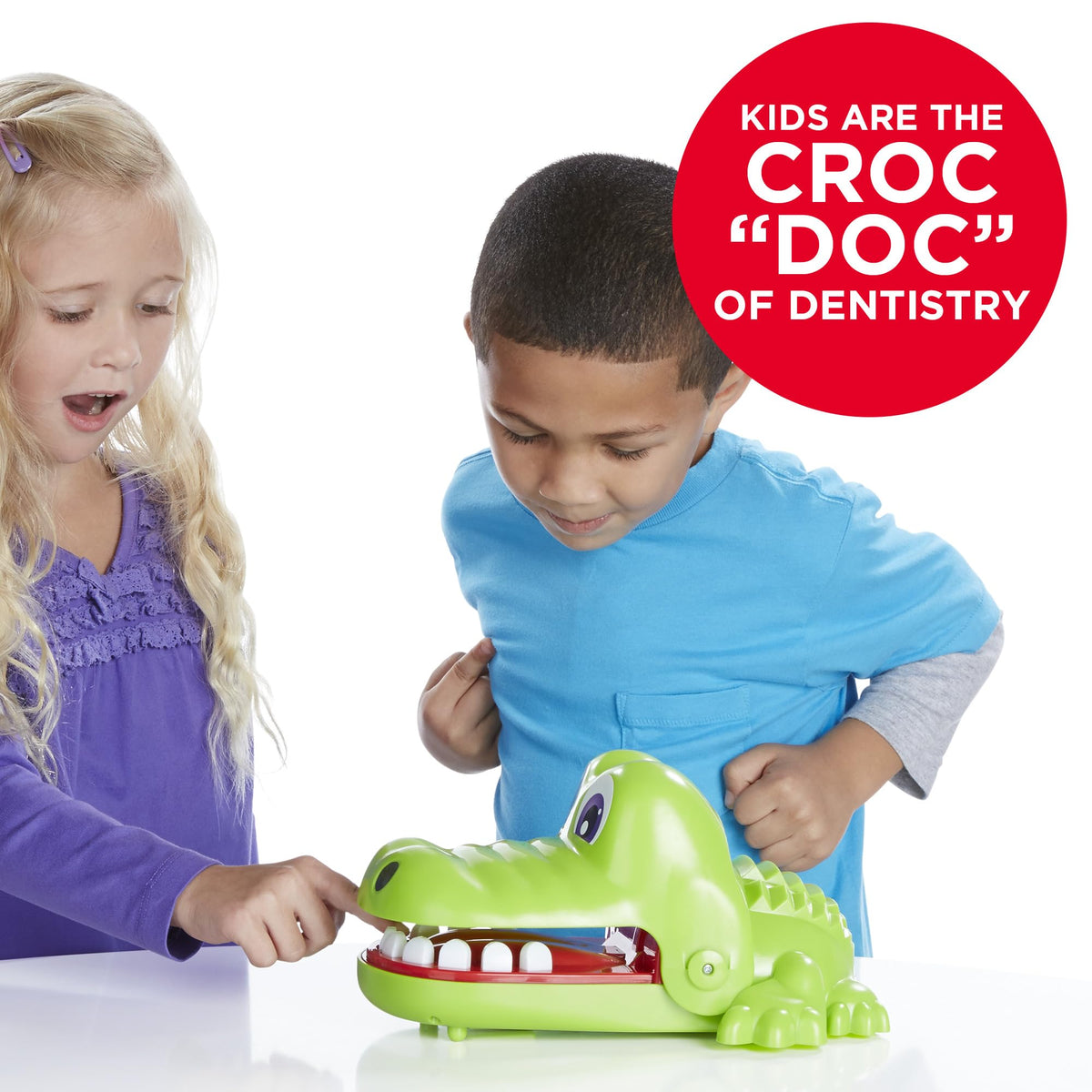 Hasbro Crocodile Dentist chomp-action moment highlights playful risk.