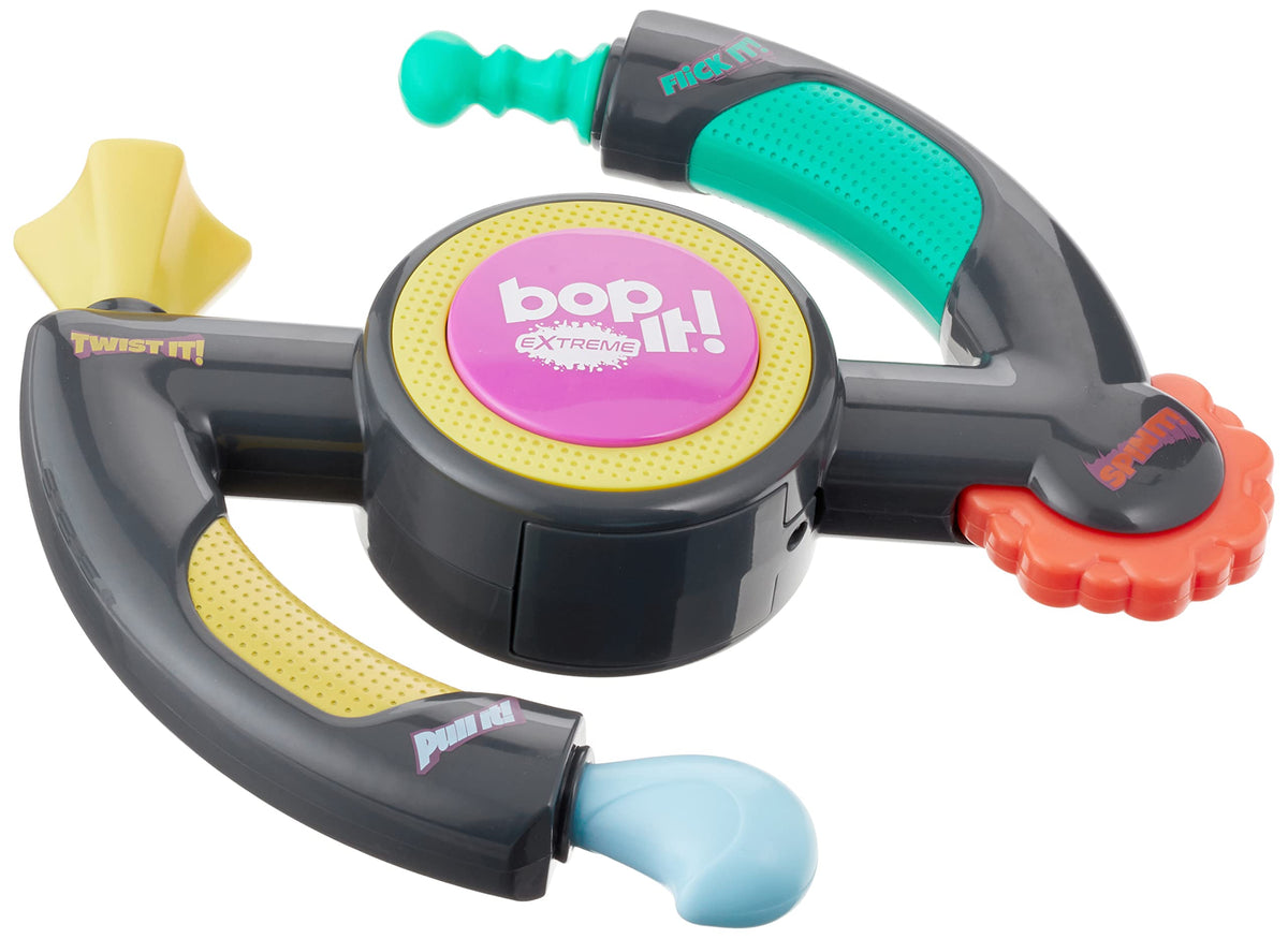 Hasbro Gaming Bop It Extreme unit close-up with responsive controls for quick reactions.