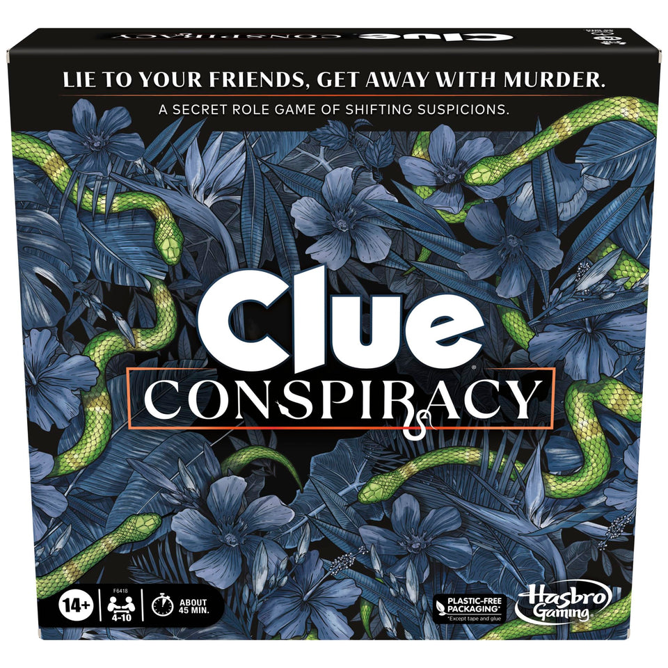 Hasbro Gaming Clue Conspiracy box lid; durable packaging for quick setup and storage