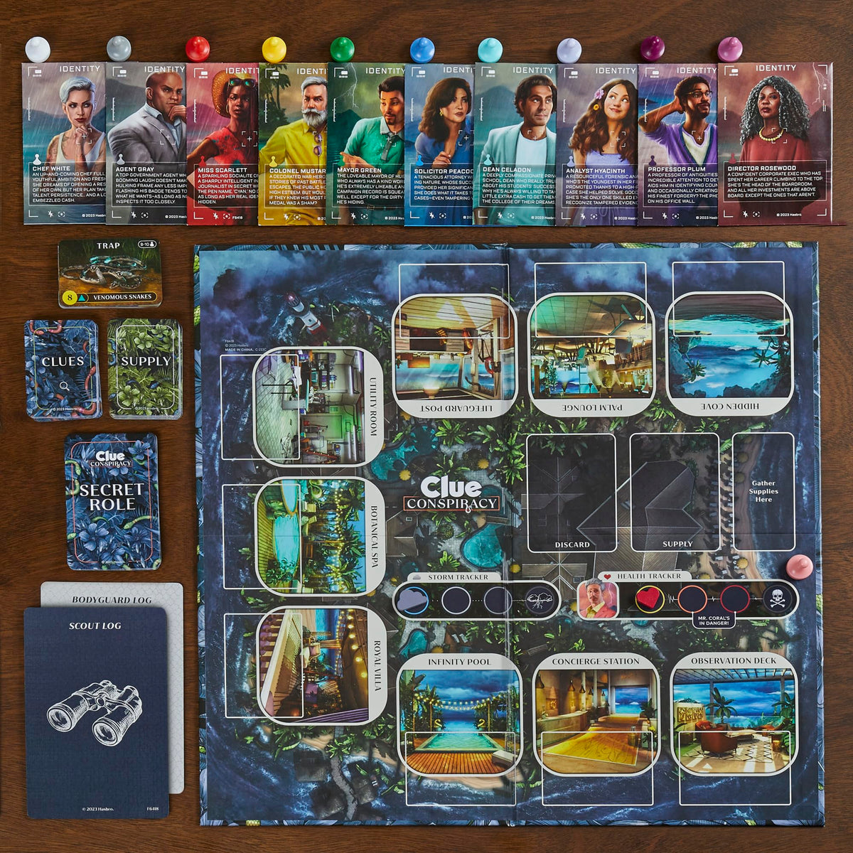 Hasbro Gaming Clue Conspiracy character cards; varied roles boost replayability