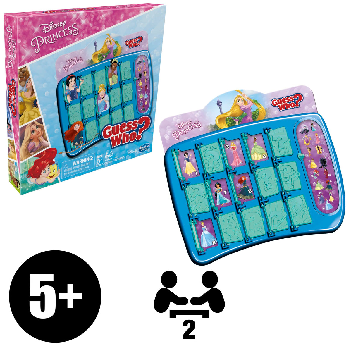 Hasbro Gaming Guess Who Disney Princess cards spread out with clues