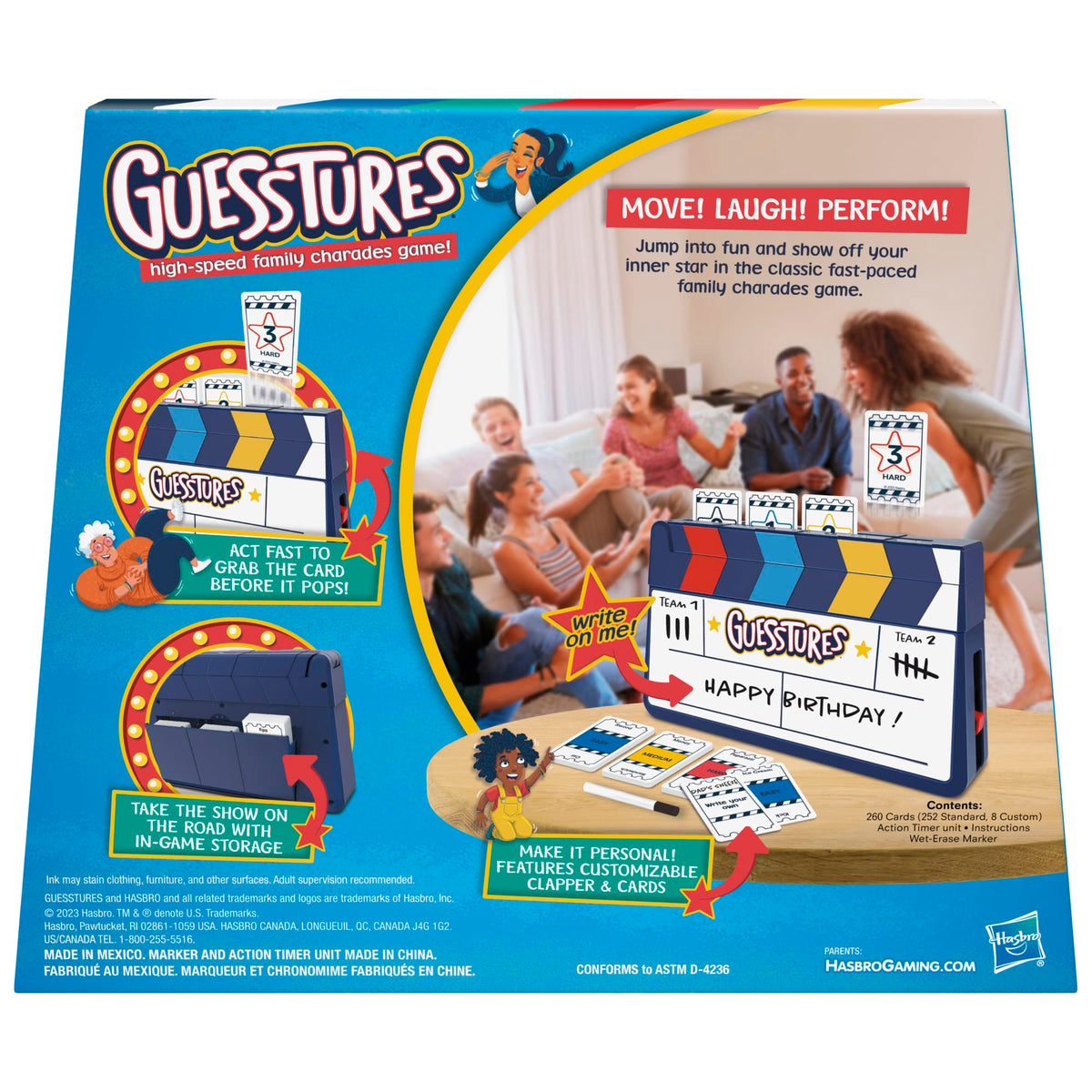 Hasbro Gaming Guesstures card popping captures a tense, laughter-filled moment.