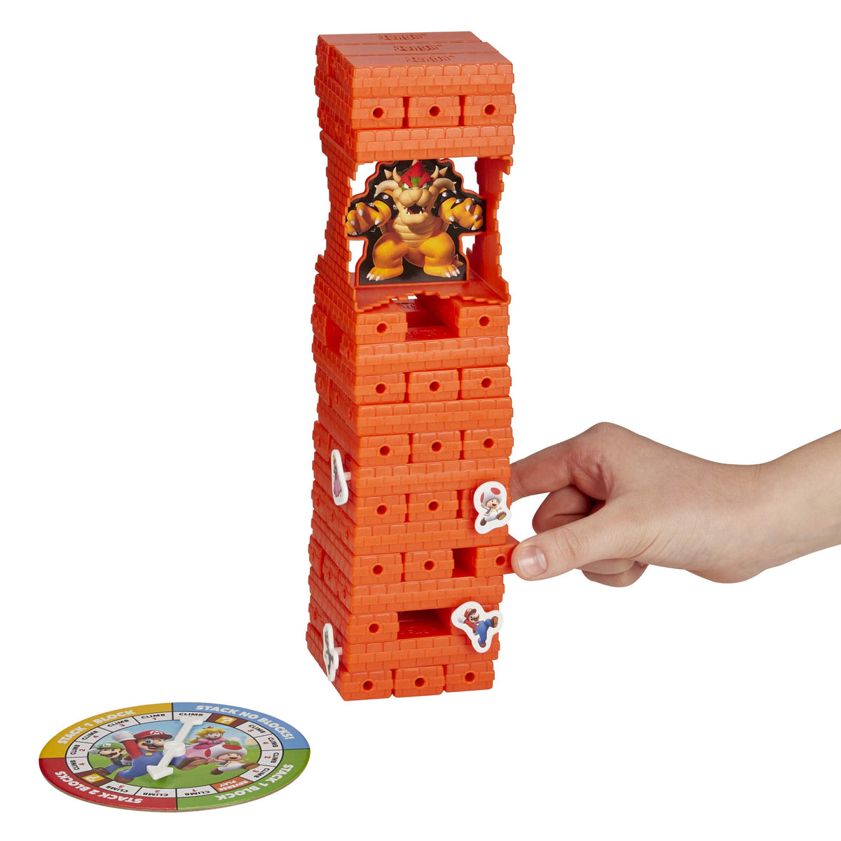 Hasbro Gaming Jenga Super Mario Edition pegs move up while opponents' pegs descend.