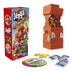 Hasbro Gaming Jenga Super Mario Edition tower setup promotes family-friendly play and strategic stacking.