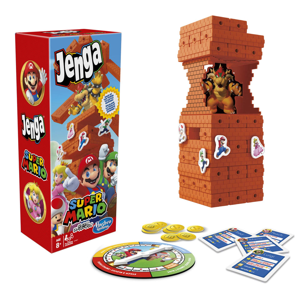 Hasbro Gaming Jenga Super Mario Edition tower setup promotes family-friendly play and strategic stacking.