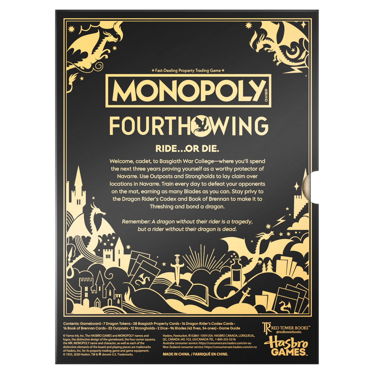 Monopoly Fourth Wing Edition gameboard close-up with dragon-inspired artwork.