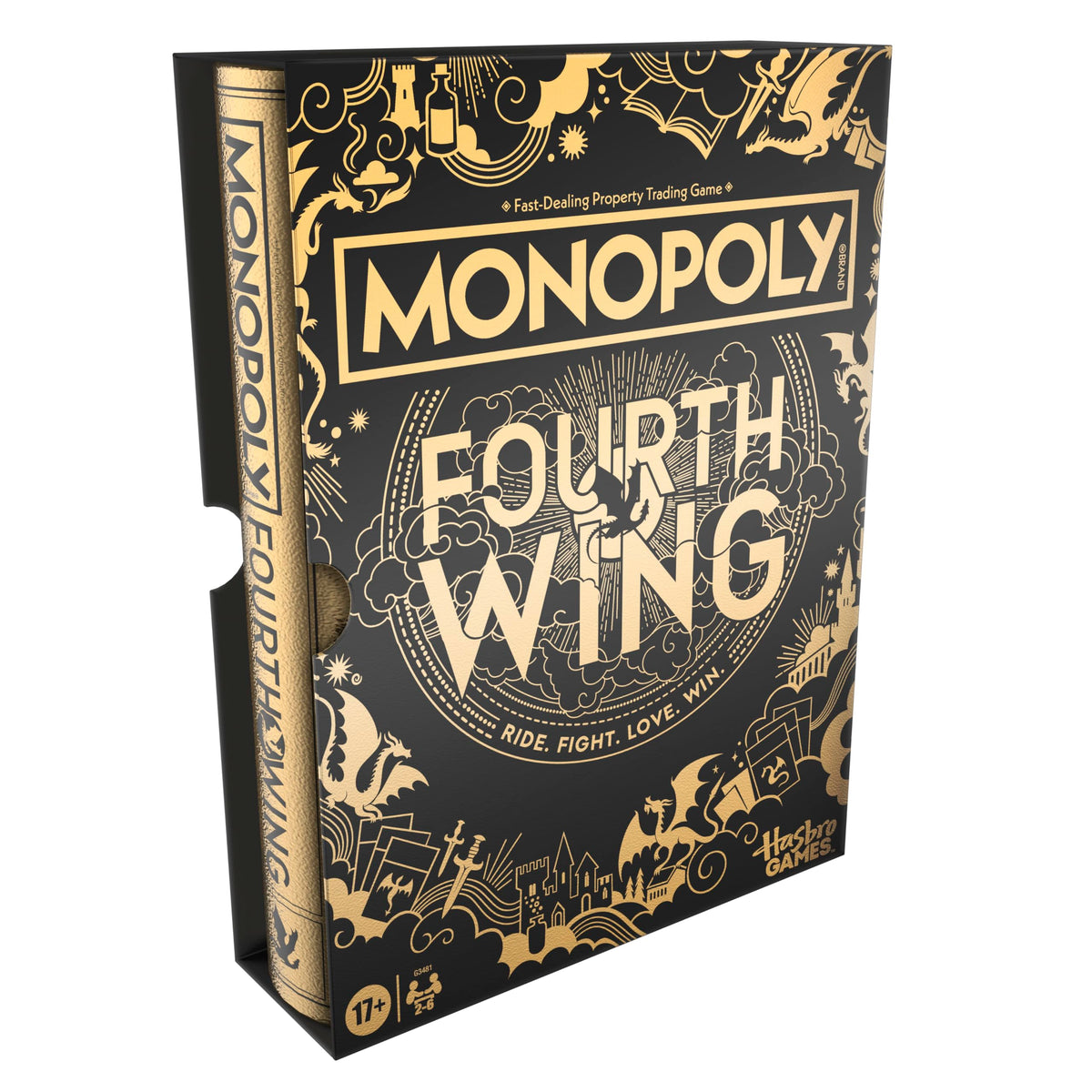 Hasbro Monopoly Fourth Wing Edition gold foil packaging, a premium gift idea for collectors.