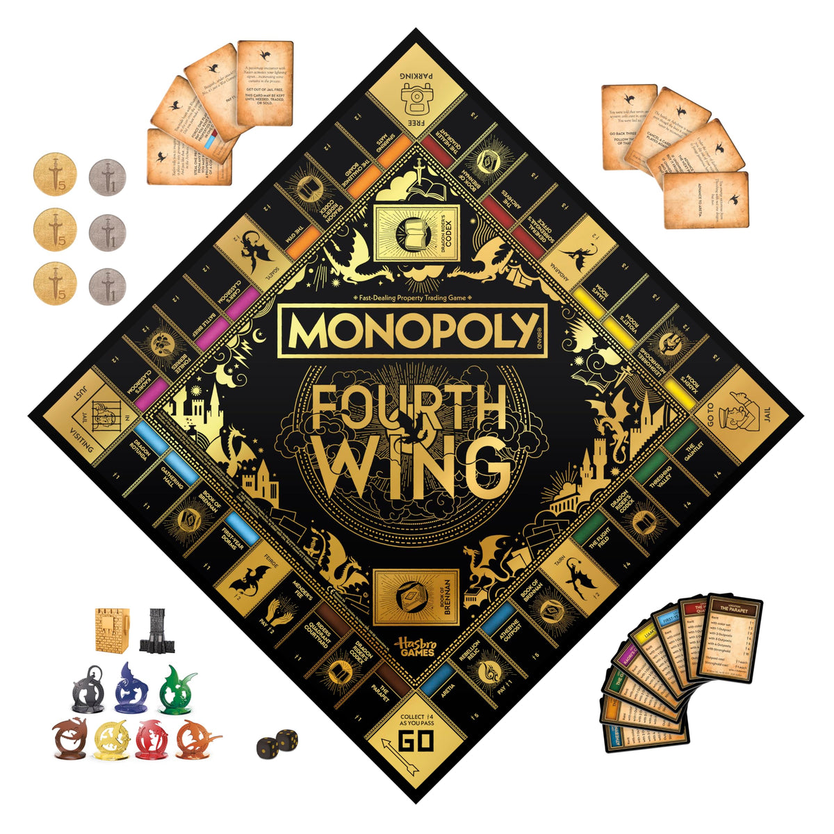 Monopoly Fourth Wing Edition seven metal dragon tokens in bright colors for tactile play.