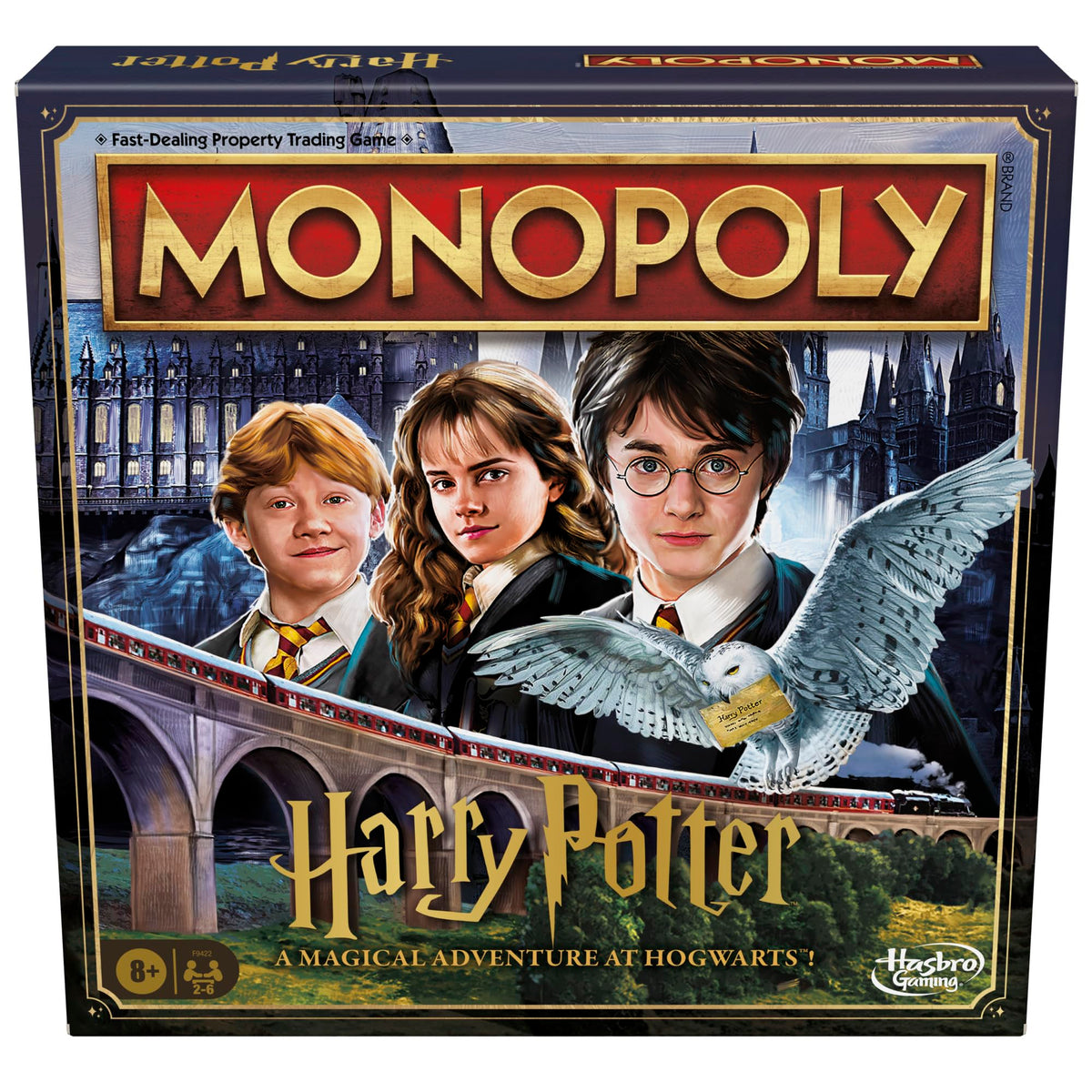 Hasbro Gaming Monopoly Harry Potter Edition board shows Hogwarts map for family play.