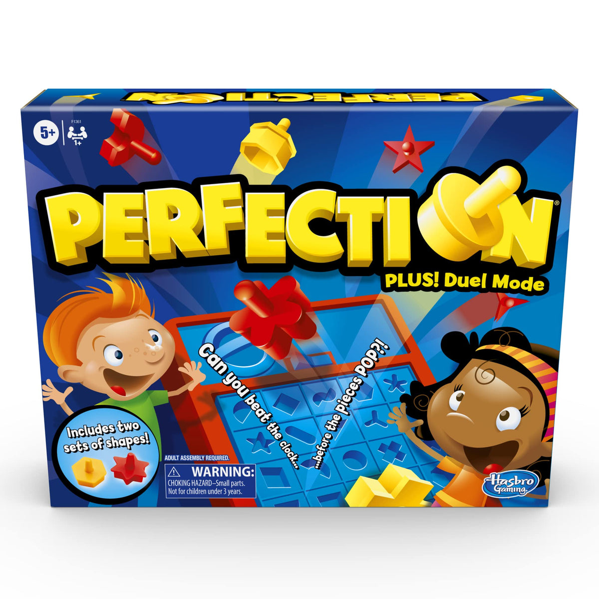 Hasbro Gaming Perfection Plus duel mode in action, kids race to fit shapes before time runs out.