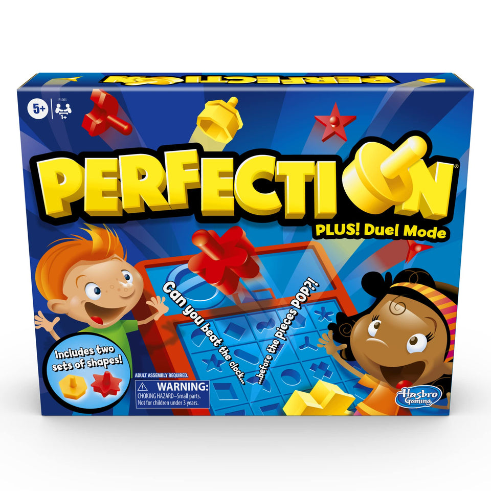 Hasbro Gaming Perfection Plus duel mode in action, kids race to fit shapes before time runs out.