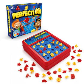 Hasbro Gaming Perfection Plus red and yellow shapes ready for fast-paced competition.