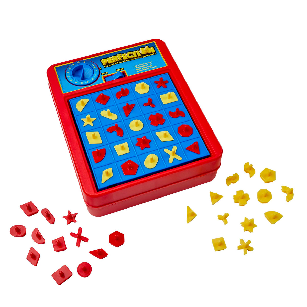 Hasbro Gaming Perfection Plus timer element elevates quick-thinking shape placement.