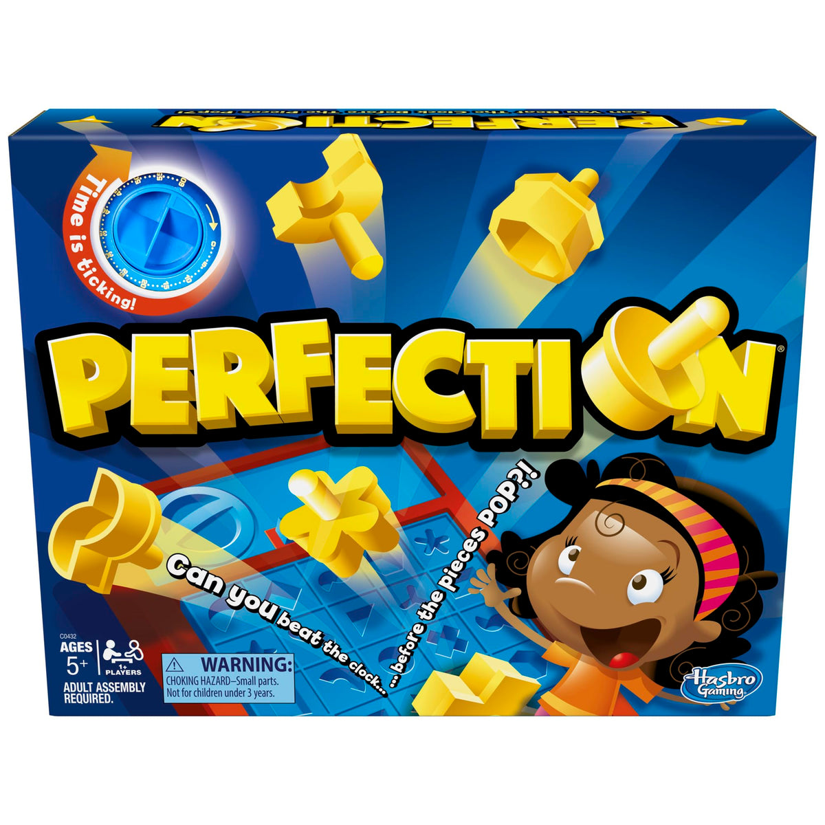 Hasbro Gaming Perfection shapes popping game with bright pieces for quick shape matching.