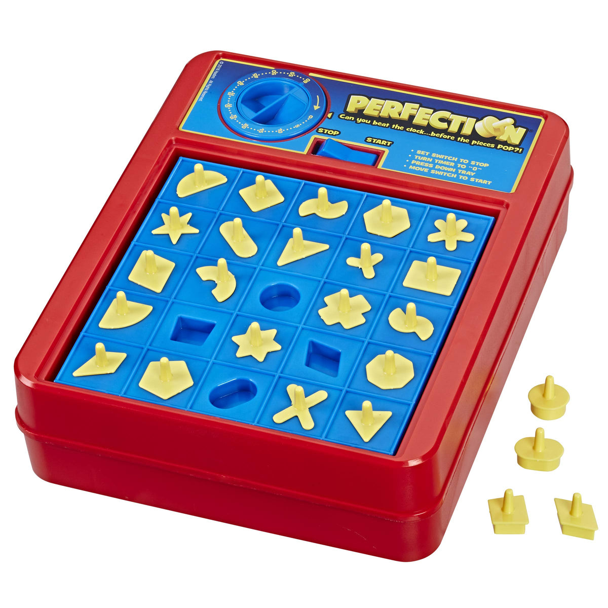 Hasbro Perfection timer action promotes fast thinking and fine motor skills.