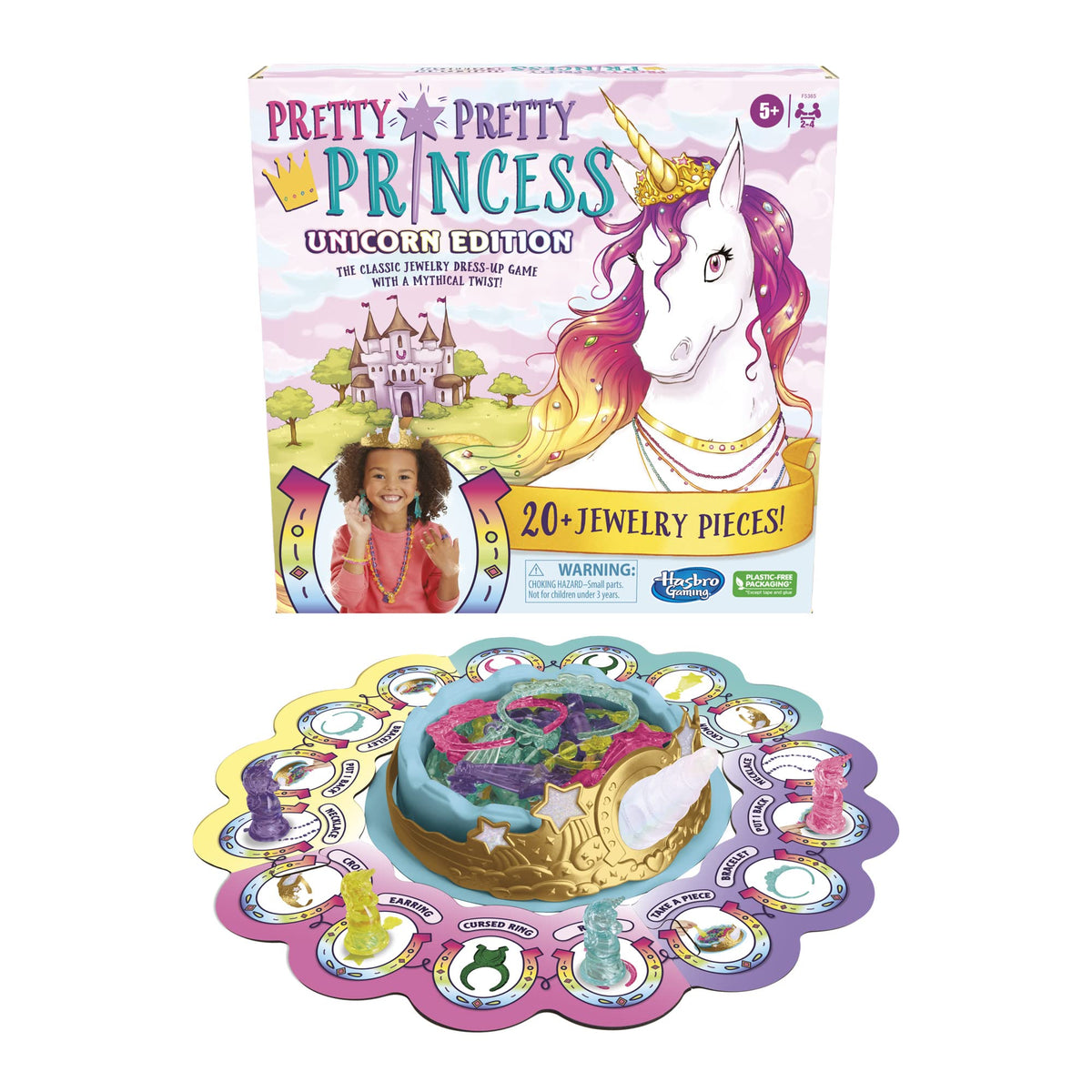 Hasbro Gaming unicorn edition necklace pieces help color-matching on turns.